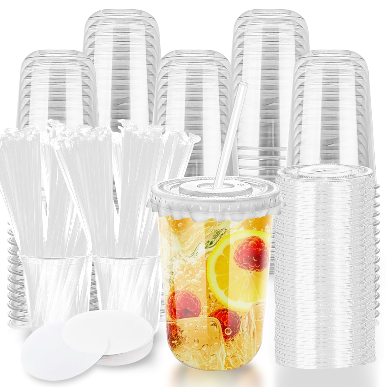 Photo 1 of 16oz Disposable Stemless Glasses with Flat Lids and Straws,PET Disposable Drinking Cups,Clear Plastic Wine Glasses for Parties Birthday,Wedding,Meeting,Christmas Party Supplies. (100, Transparent)