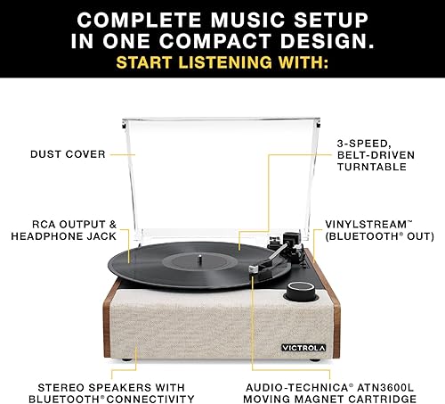 Miniatura 2 de Victrola Eastwood II - Tocadiscos con altavoces, Bluetooth 5.1 y tecnología de transmisión de vinilo, reproductor de vinilo de 3 velocidades estilo