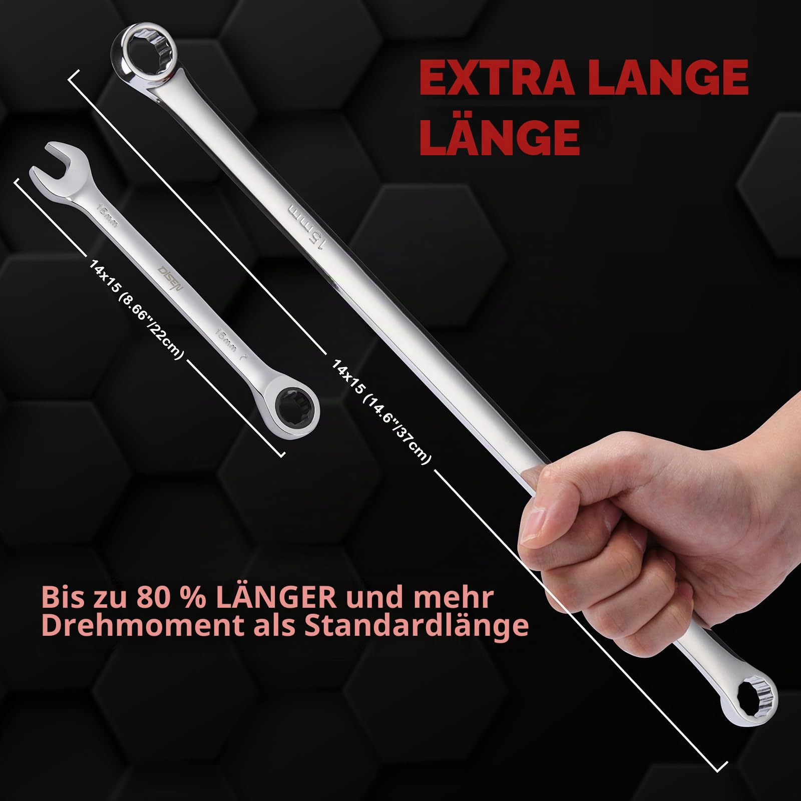 Mayouko 8 PCS Extra Long Spanner Set, Long Double Ring Single Gear Ratchet Spanner Wrench Set, 8mm-24mm，12-Point, CR-V