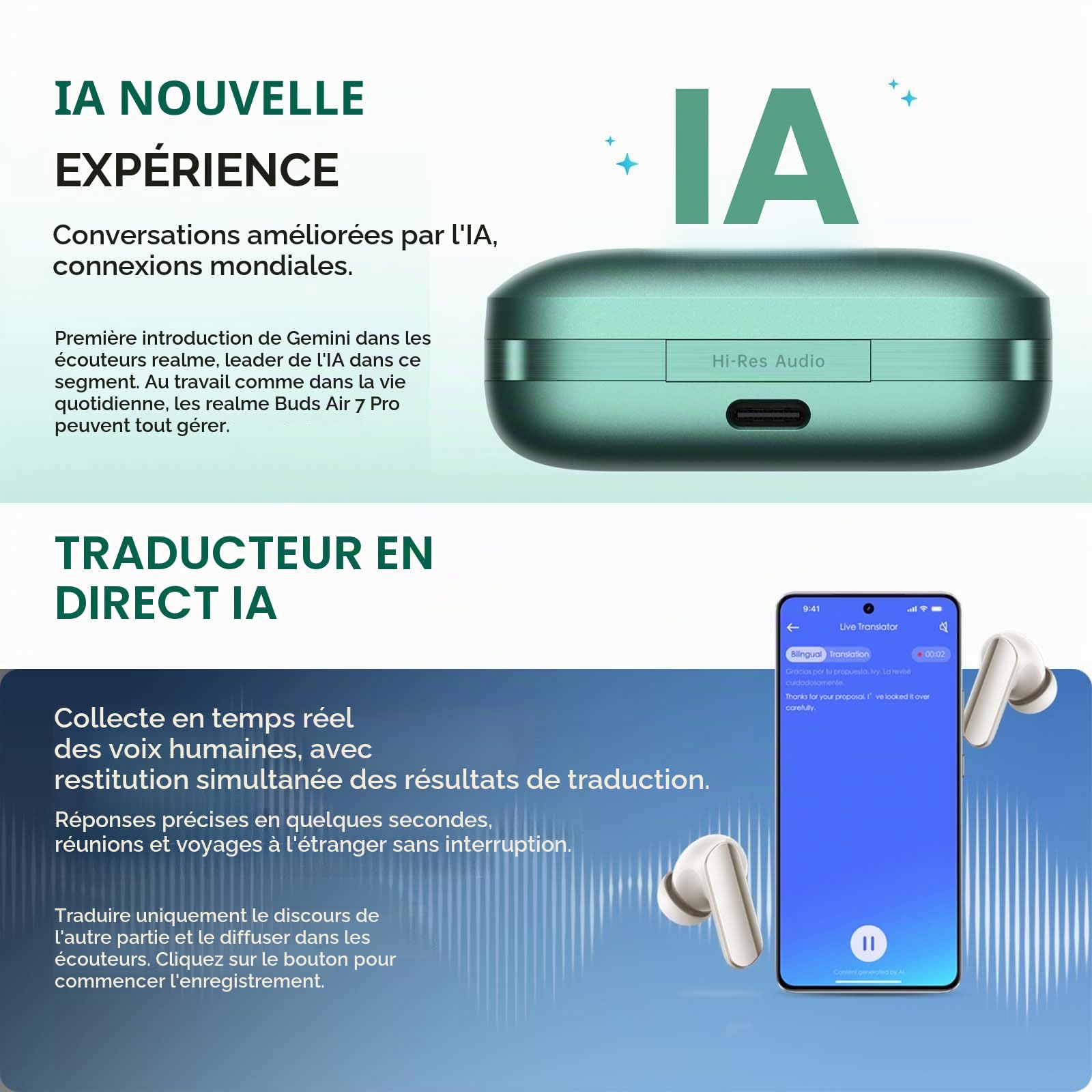 realme Buds Air 7 Pro Écouteurs Bluetooth sans Fil, Adaptative 53dB, Haut-parleurs 11mm+6mm Double DAC, LHDC-V5 Hi-Res Audio, Autonomie 48H, Bluetooth 5.4, Réduction Bruits Appels IA, IP55, Beige