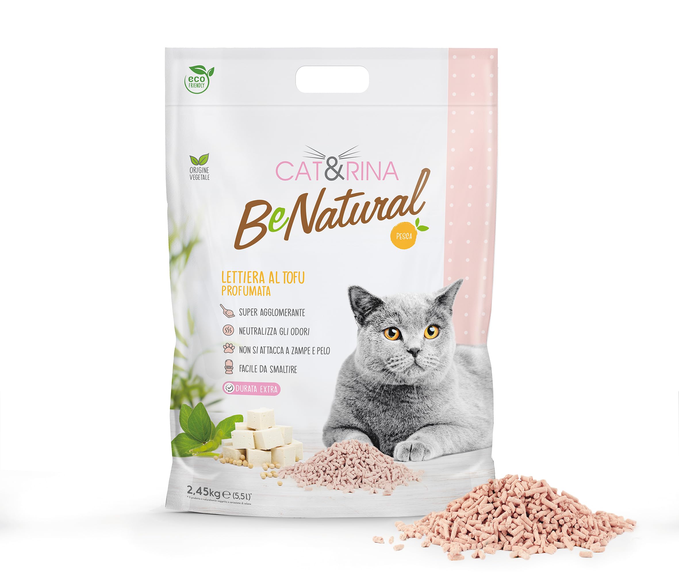 Cat&Rina lettiera vegetale per gatti al tofu da 5,5l. Si smaltisce nell'organico o nel wc. Sabbia anti odore, Profumazione Pesca, 12 pezzi