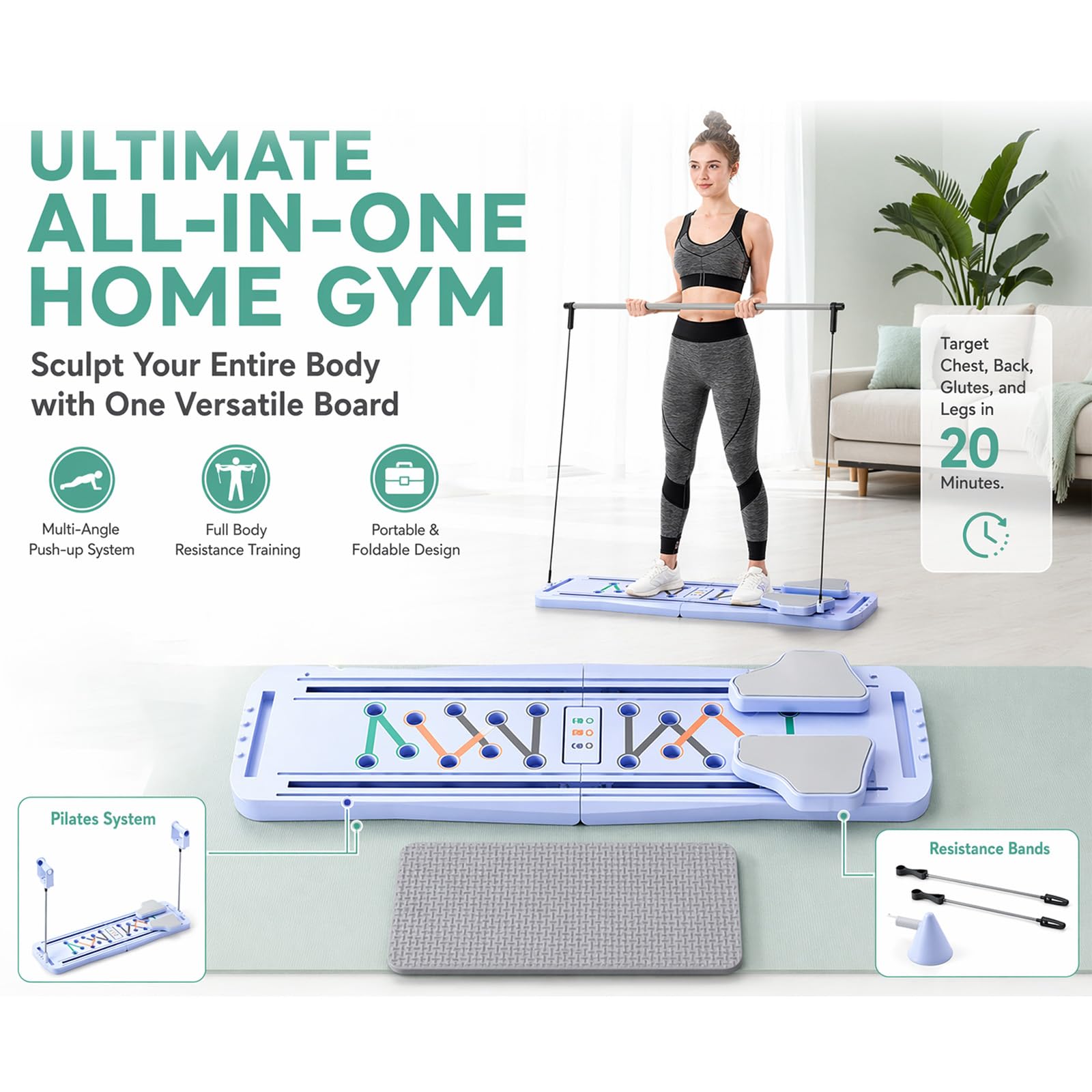 Tabla de pilates, reformador de pilates multifuncional plegable, juego de pilates con banda de resistencia, tabla de equilibrio, cojín para rodillas y barra, tabla de ejercicios para ejercicios en el