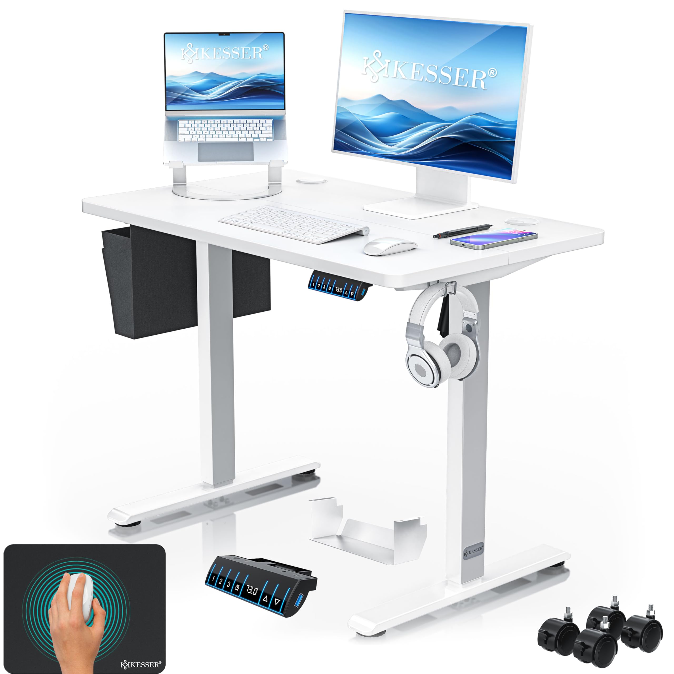 KESSER® Escritorio eléctrico Regulable en Altura, Escritorio Ergonómico de Bipedestación, Control de Memoria de 3 Funciones, Incl. Ruedas de 360° y Puerto de Carga USB, 100x60 cm - Blanco