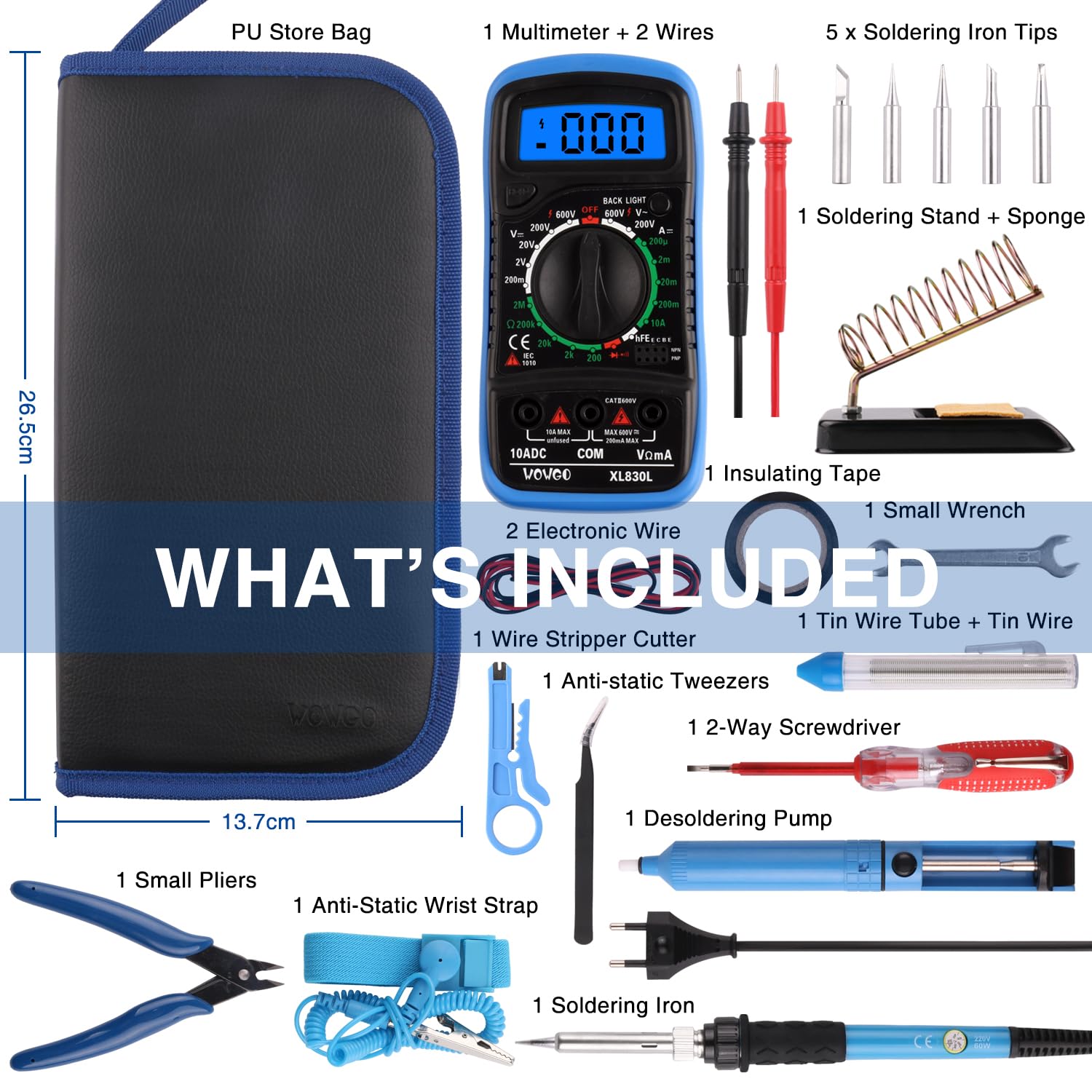 Kit de fer à souder 24 en 1, 60 W, température réglable de 200 à 450 °C, kit de soudure électrique avec 5 pannes à souder, multimètre numérique, support de fer à souder, pompe à dessouder