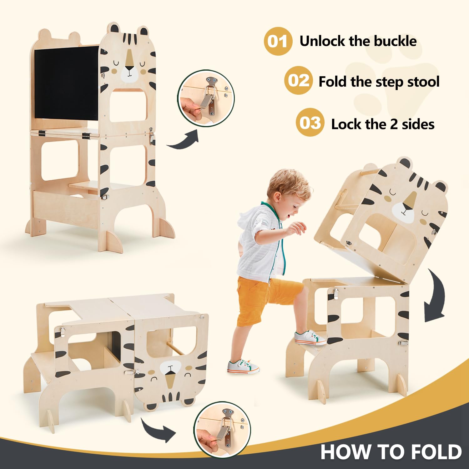 labebe torre montessoriana bambini,multifunzionale torre montessoriana pieghevole in legno, 3 in 1 Torre di apprendimento per bambini trasformabile con lavagna-tigri