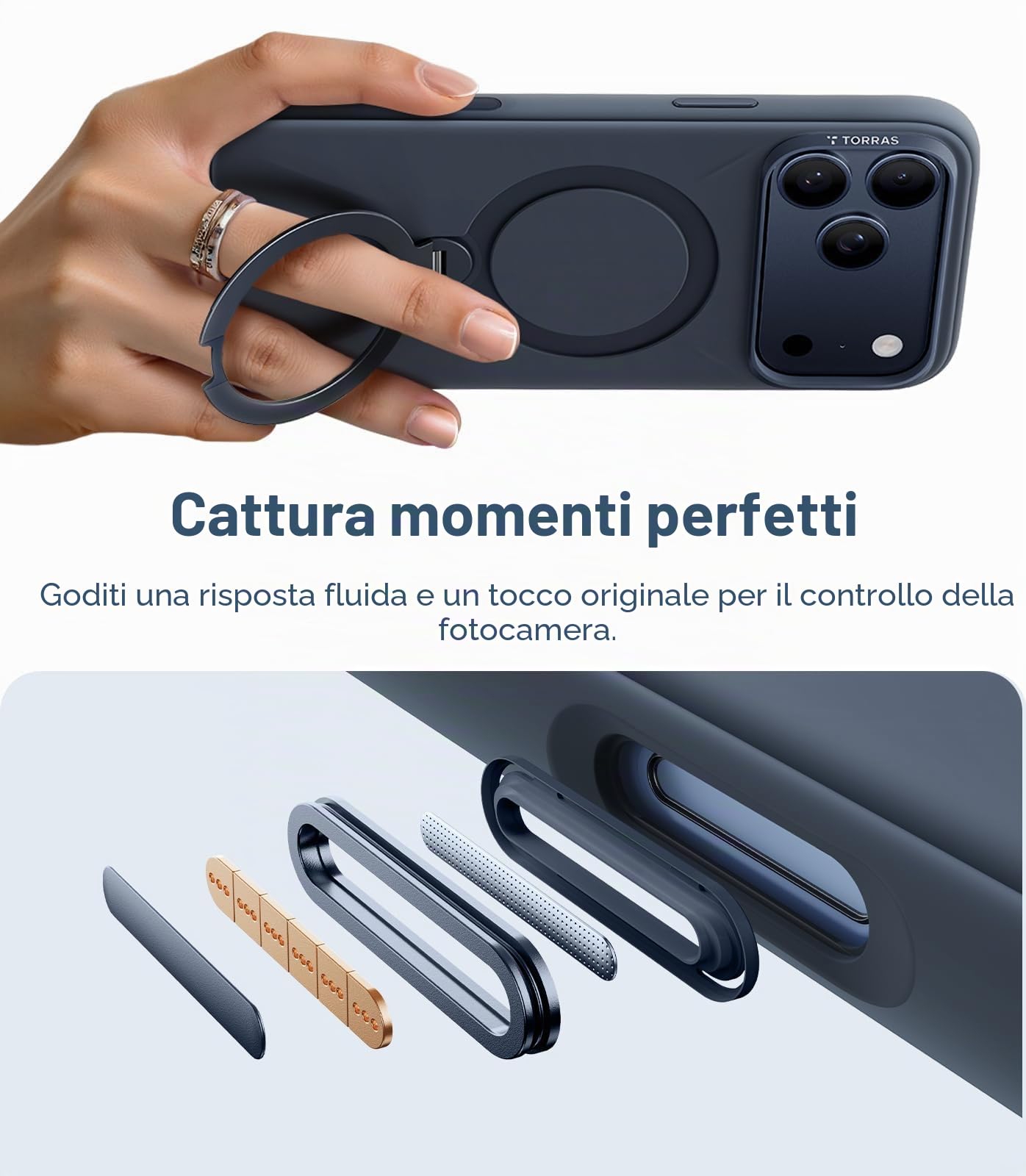 TORRAS Ostand Q3 - Custodia protettiva in silicone per iPhone 17 Pro Max, con supporto magnetico a 360°, con protezione per tasti della fotocamera per iPhone 17 Pro Max, con assorbimento degli urti