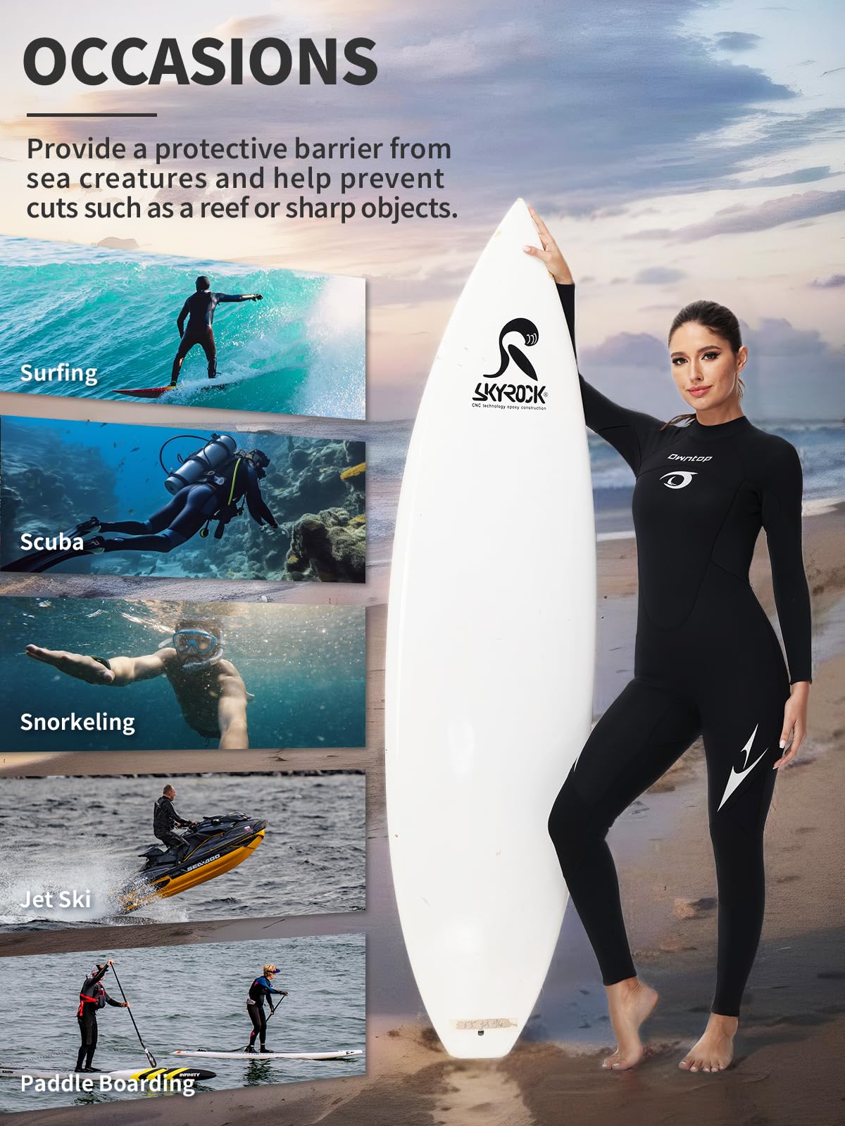 Owntop Damski Pełna Długość Piankowego Kombinezonu 3/2mm, Ultra Elastyczny Zimowy Kombinezon Z Długim Rękawem, Kombinezon do Surfingu i Nurkowania z Neoprenu dla Dorosłych, Kobiety Czarny M