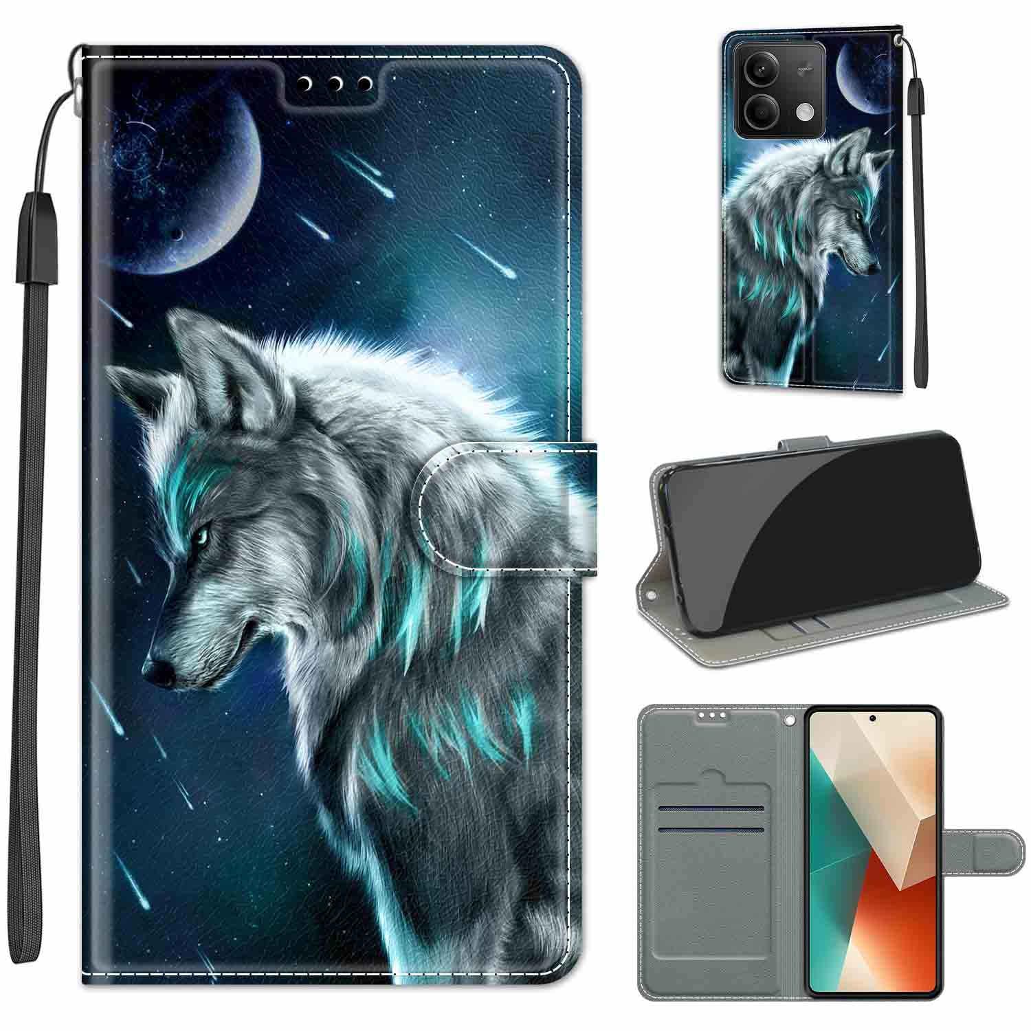 Custodia Portafoglio A Libro Per Xiaomi Redmi Note 13 5G | Pelle Con Disegno Cavallo E Lupo | 3 Slot Carte E Supporto