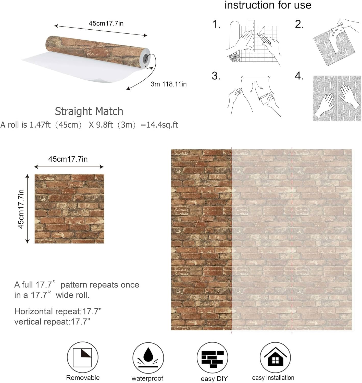 Light Brown Faux Brick Peel and Stick Wallpaper Rustic Red Brown Self Adhesive Wall Paper Removable Textured Contact Paper for Bedroom Kitchen Backsplash Fireplace 17.7in x 9.8ft