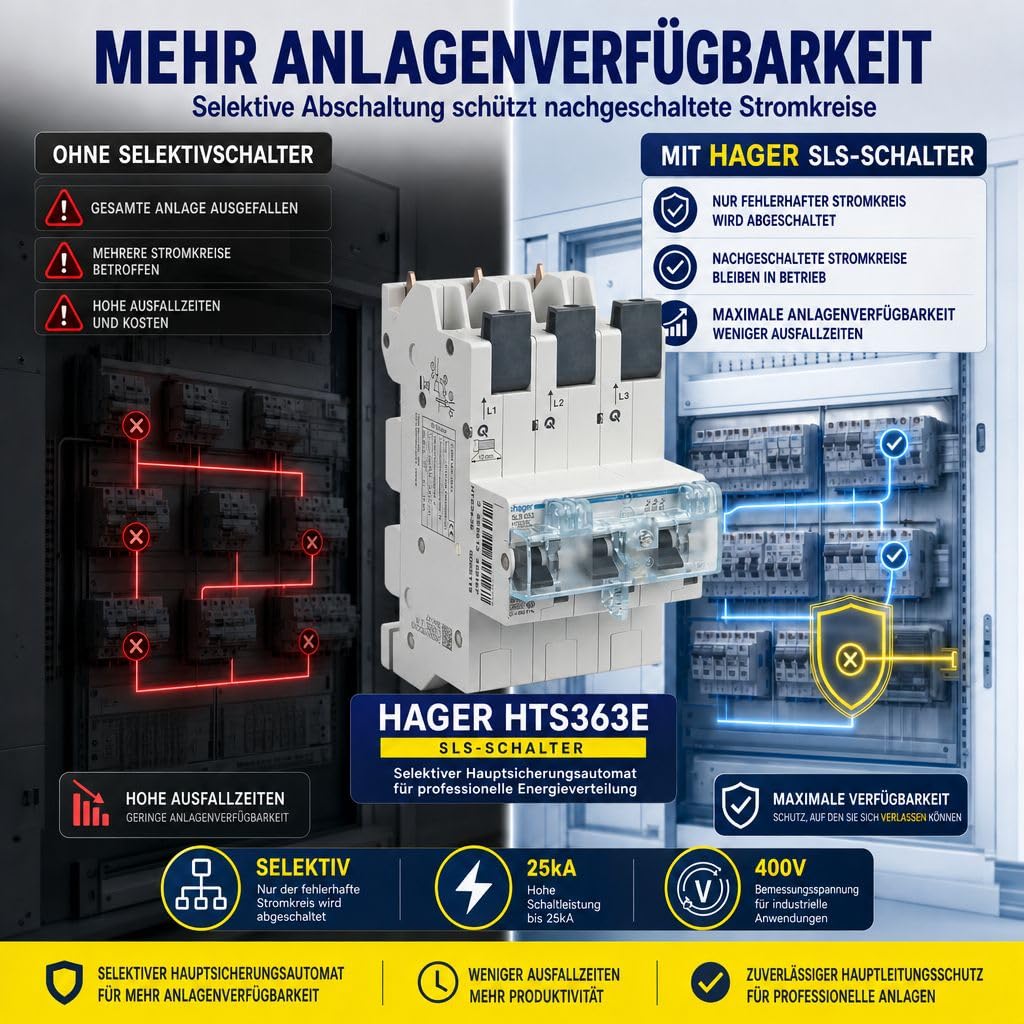 HAGER HTS363E SLS-Schalter 63A 3-polig selektiver Hauptsicherungsautomat SHU mit Stecktechnik, Hauptleitungsschutzschalter für Zählerschrank Sammelschiene 400V 25kA