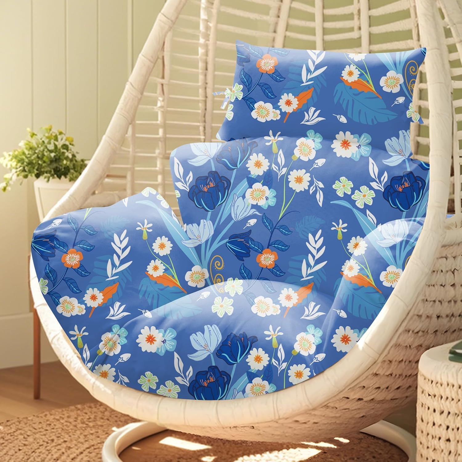joomie Waterproof Egg Chair Cushion Replacement 119x79x13 cm Thicken Hanging Egg Swing Chair Cushion Indoor Outdoor Wicker Rattan Hammock Basket Cushion with Headrest Pillow, Blue Peony 26