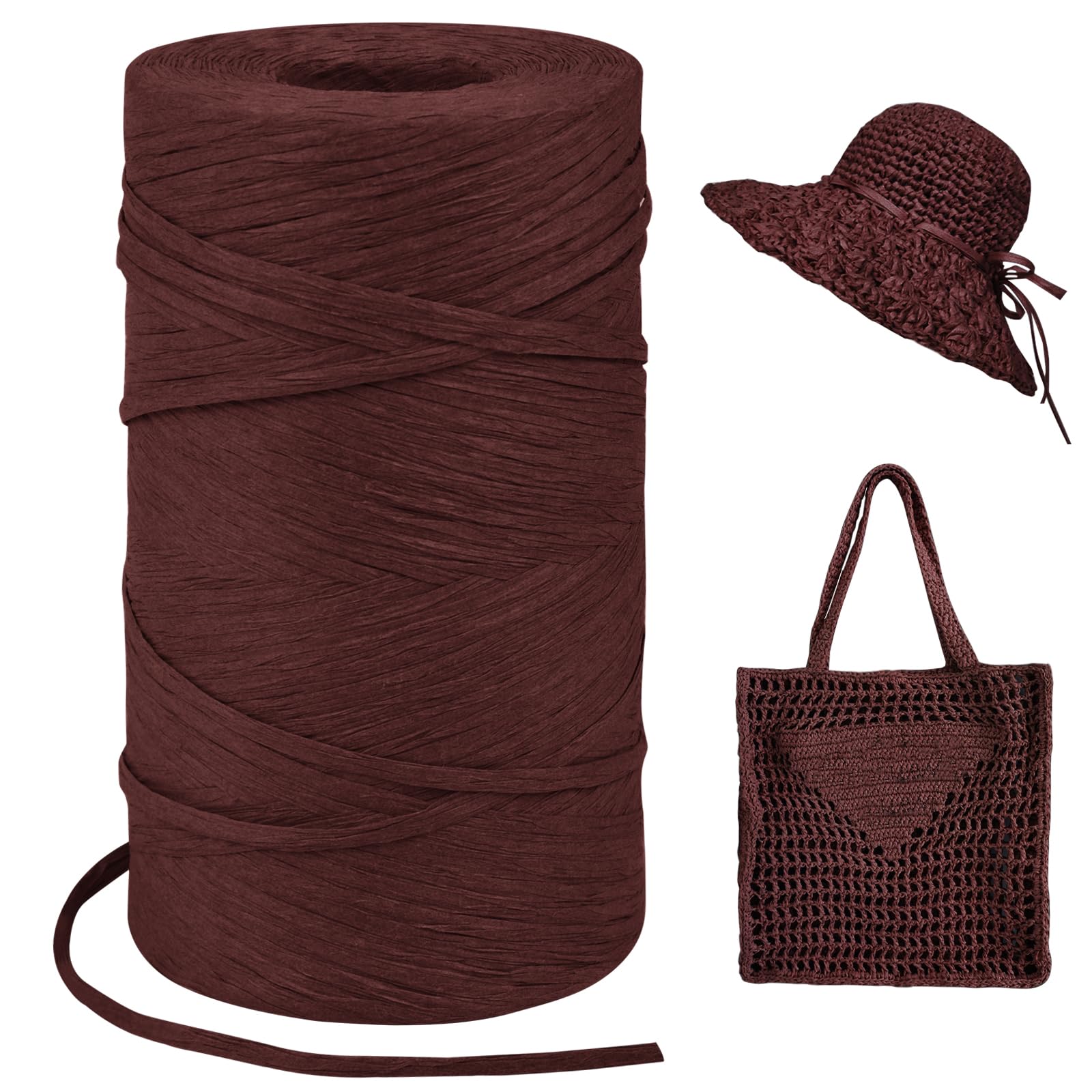 Wine Red Raffia Yarn for Crochet Bags, 3mm x 328 Yards Flat String Raffia Ribbon for Gift Wrapping, Raffia Paper Ribbon Yarn for Crocheting Sun Hat, Bag, DIY Crafts, Holiday Decoration