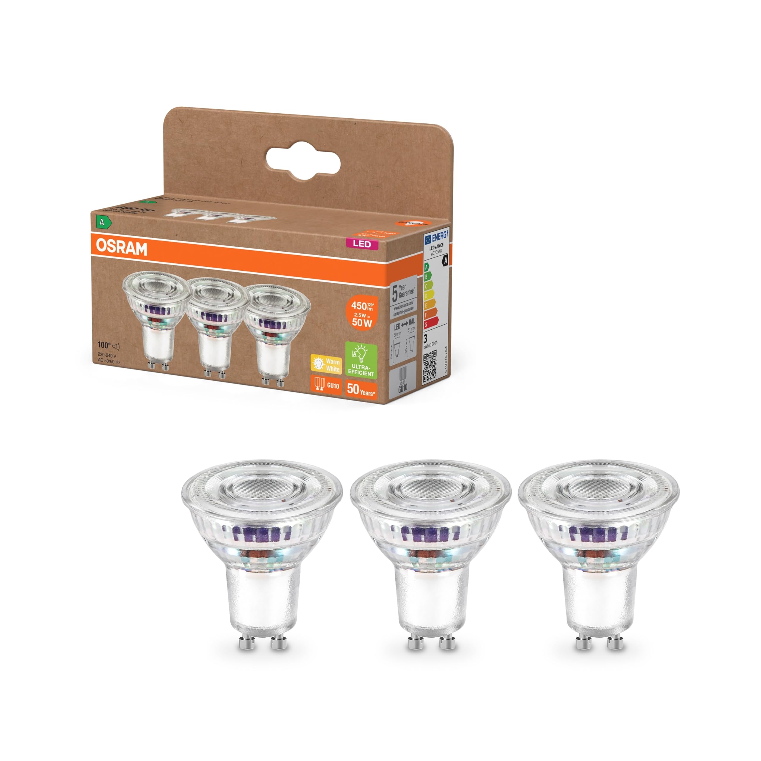OSRAM Energy Class PAR16 LED Reflector Lamp 2.5 W 450 lm Warm White (2700 K) Clear Lead-Free Glass with GU10 Base Energy Class A 50mm Diameter IP20