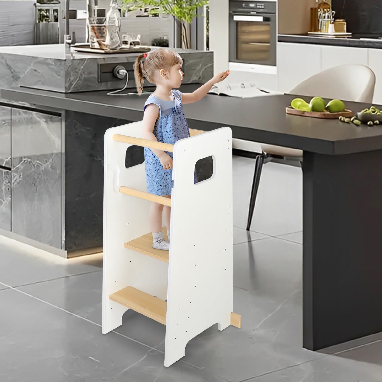 Lernturm aus Holz, höhenverstellbar – Montessori Hocker für Kinder Baby ab Ständer – Beobachtungsturm für Kinder mit rutschfesten Streifen – 90 x 42 x 40 cm – Weiß