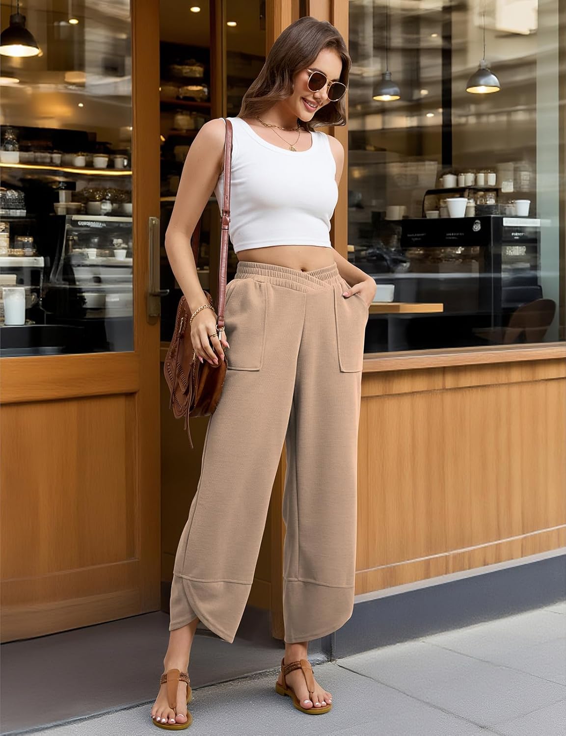 Viracy Womens Baggy Wide Leg Pants Casual Cross Elastic Waist Palazzo Wrap Hem Harem Pants with Pockets - Image 2