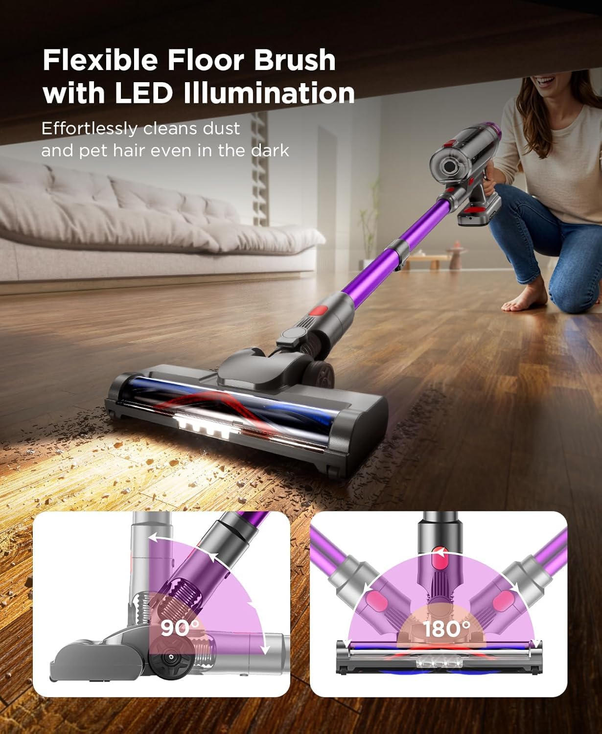 Cordless Stick Vacuum Cleaner: 550W Powerful Suction, LED Display, 55 Min Runtime, Anti-Tangle Brush, Rechargeable Battery, Lightweight for Home, Pet Hair, Hard Floors, Carpet — view 4