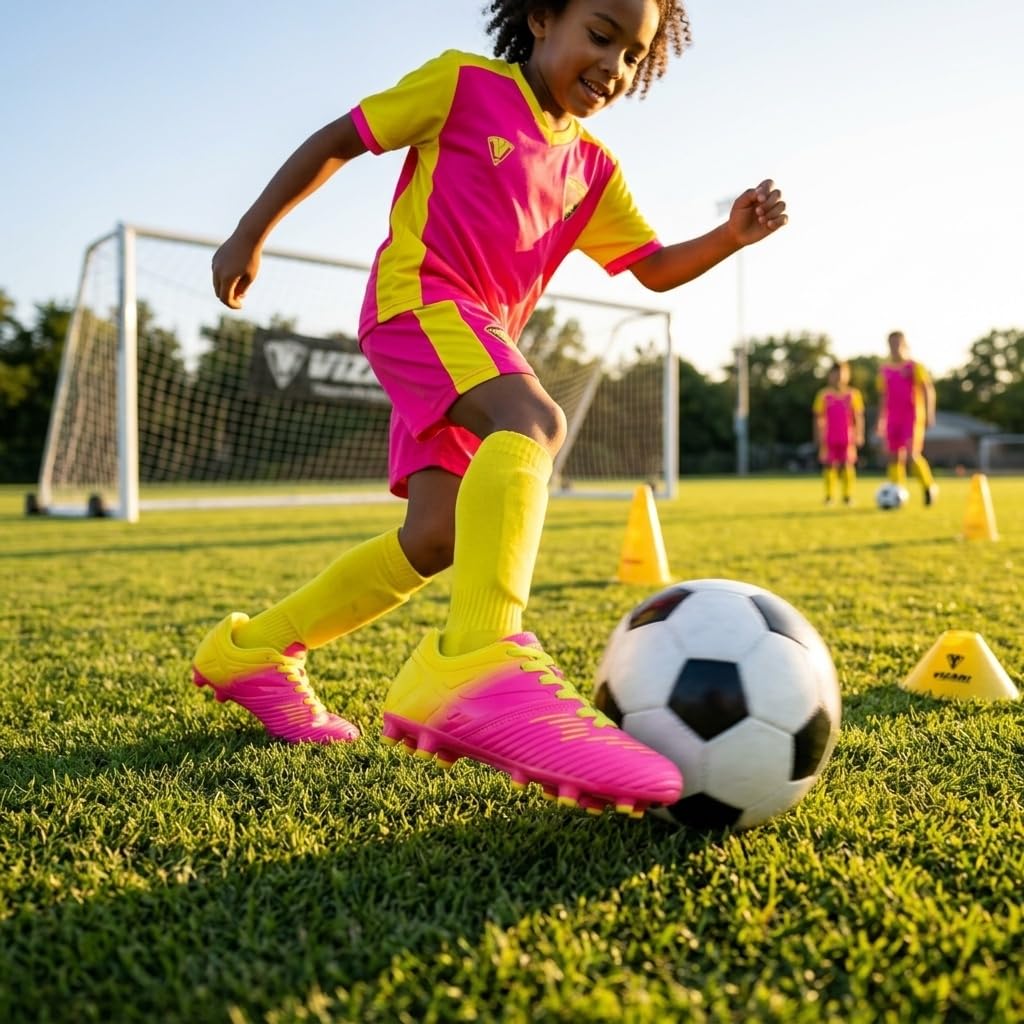 Vizari Liga FG - Tacos de fútbol para niños, 100% sintéticos, Resistentes al Agua, Bicolor, con Forro antielástico para Jugar en Interiores y Exteriores, Rosa Amarillo, 36 EU