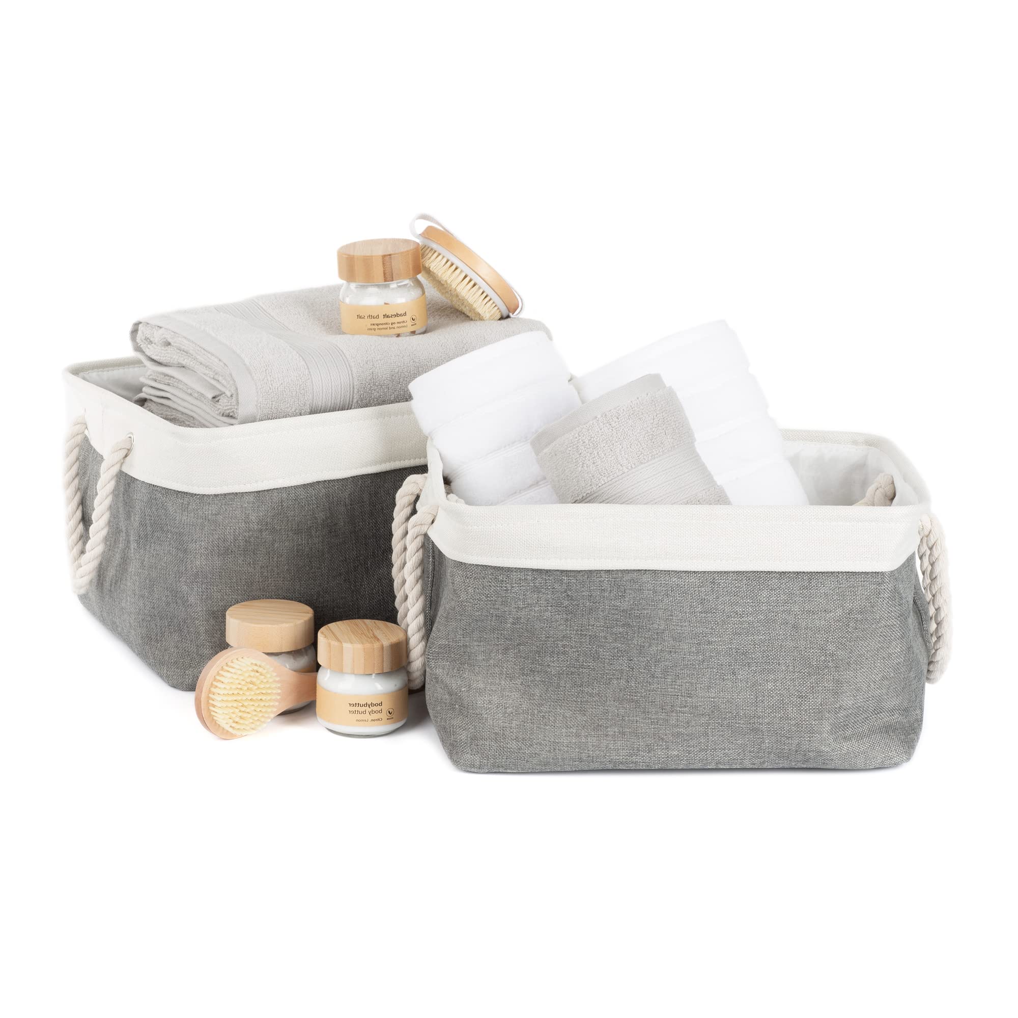 Livivo Grey Decorative Canvas Storage Boxes - Foldable Fabric Storage Basket With Cotton Rope Handles - Storage Baskets Bedroom Organiser For Toys Clothes Towels Shelves Books (, Set Of 2)