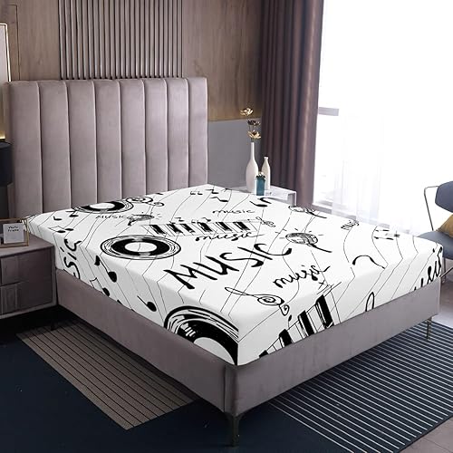 Miniatura 4 de Juego de sábanas bajeras con temática musical en blanco y negro para niños y niñas, juego de sábanas con patrón musical para adolescentes, discos de
