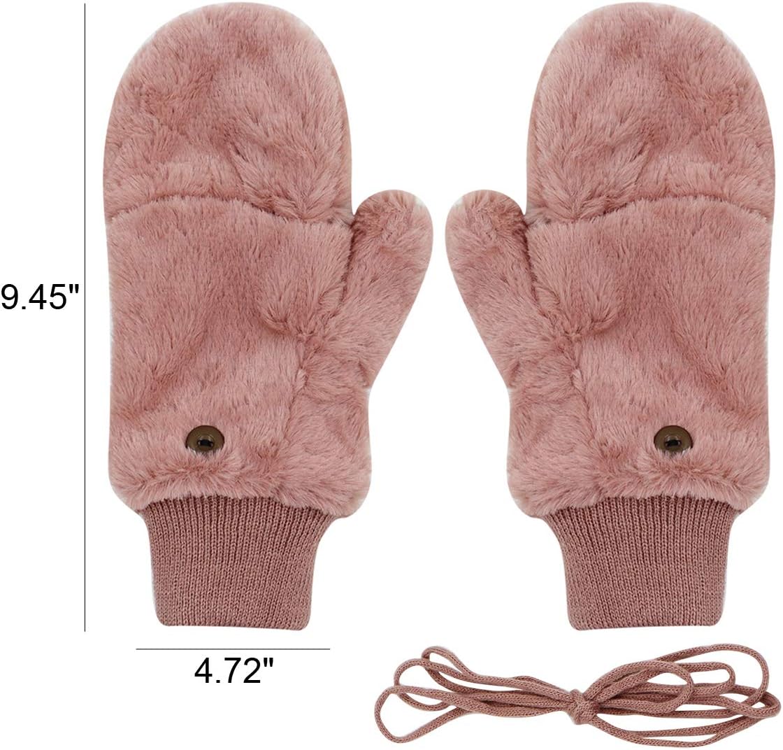 BOLLEY JOSS Women Girls Winter Warm Gloves Mittens Soft Faux Fur Wool Convertible Fingerless Gloves with Cover - Image 6