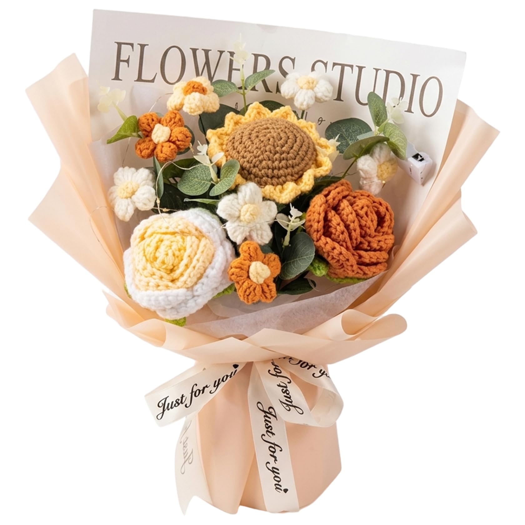 Ginwrek Bouquet of Crochet Flowers Crochet Flower Bouquet Knitted Roses & Tulips, Long-Lasting of Flowers for Birthday, Mother, Teacher, Champagne