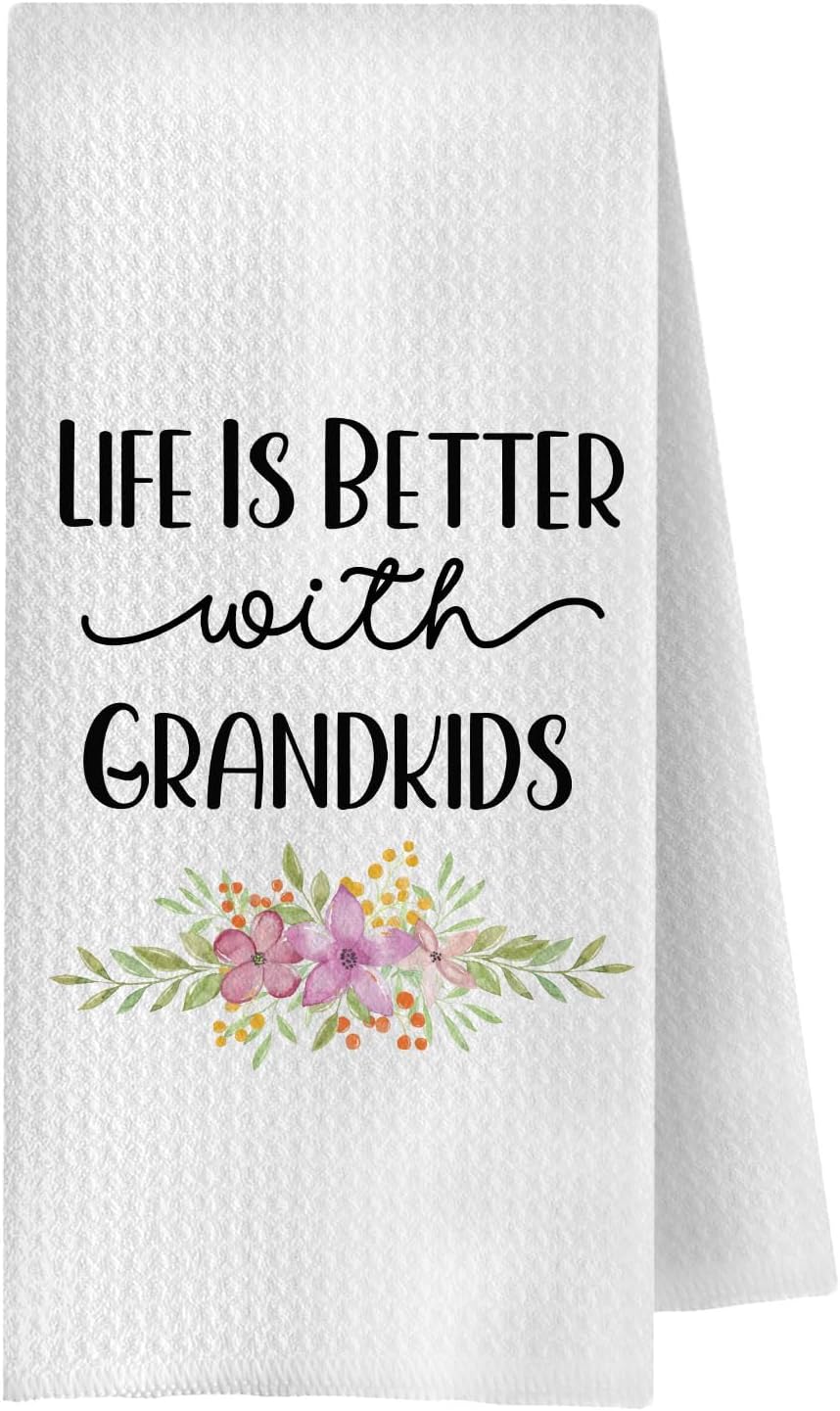 Grandma Kitchen Towels, Grandma Gifts from Grandson Granddaughter Decorative Hand Towels for Bathroom, Life is Better with Grandkids Dish Tea Towel for Kitchen, 16x24 Inch