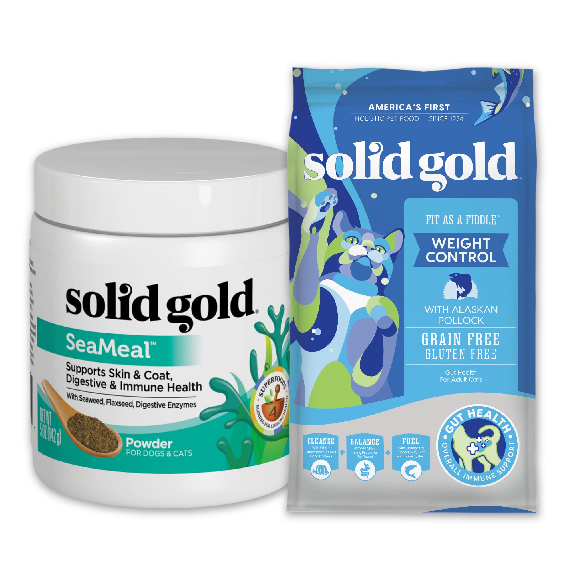 Solid Gold - Fit as a Fiddle Weight Management Cat Food - Low Calorie Grain Free Dry Cat Food Recipe with Alaskan Pollock - SeaMeal Multivitamin for Cats & Dogs - Grain Free Kelp Supplement