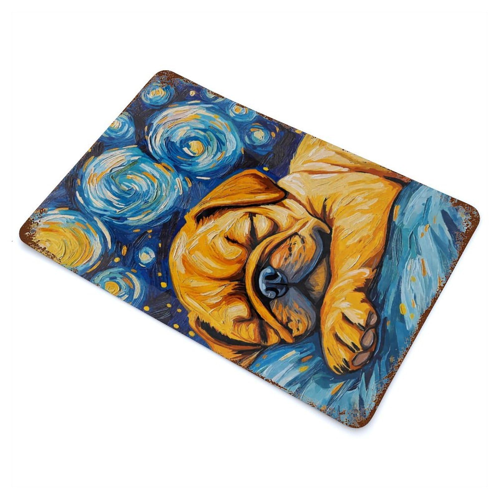 Sleeping Puggle Starry Night Vintage Wall Sign 11.8"x7.9", Rust Effect Metal Decor for Cafe, Home Bar And Lounge Decor