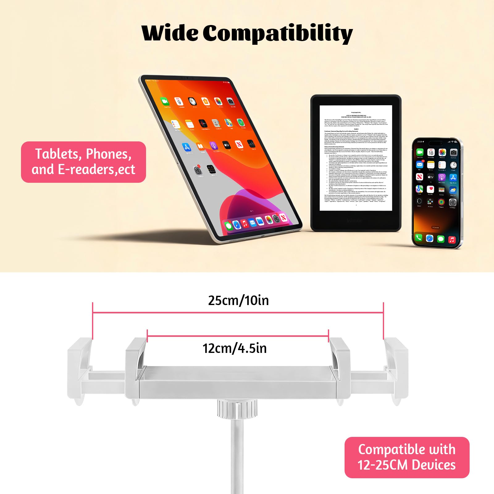 JAOGAUS Soporte para Tablet, Soporte Ajustable para Kindle para Leer con 3 Compartimentos para Refrigerios, Compatible con Teléfonos, Tabletas y Dispositivos Kindle de 4,7 a 13 Pulgadas.