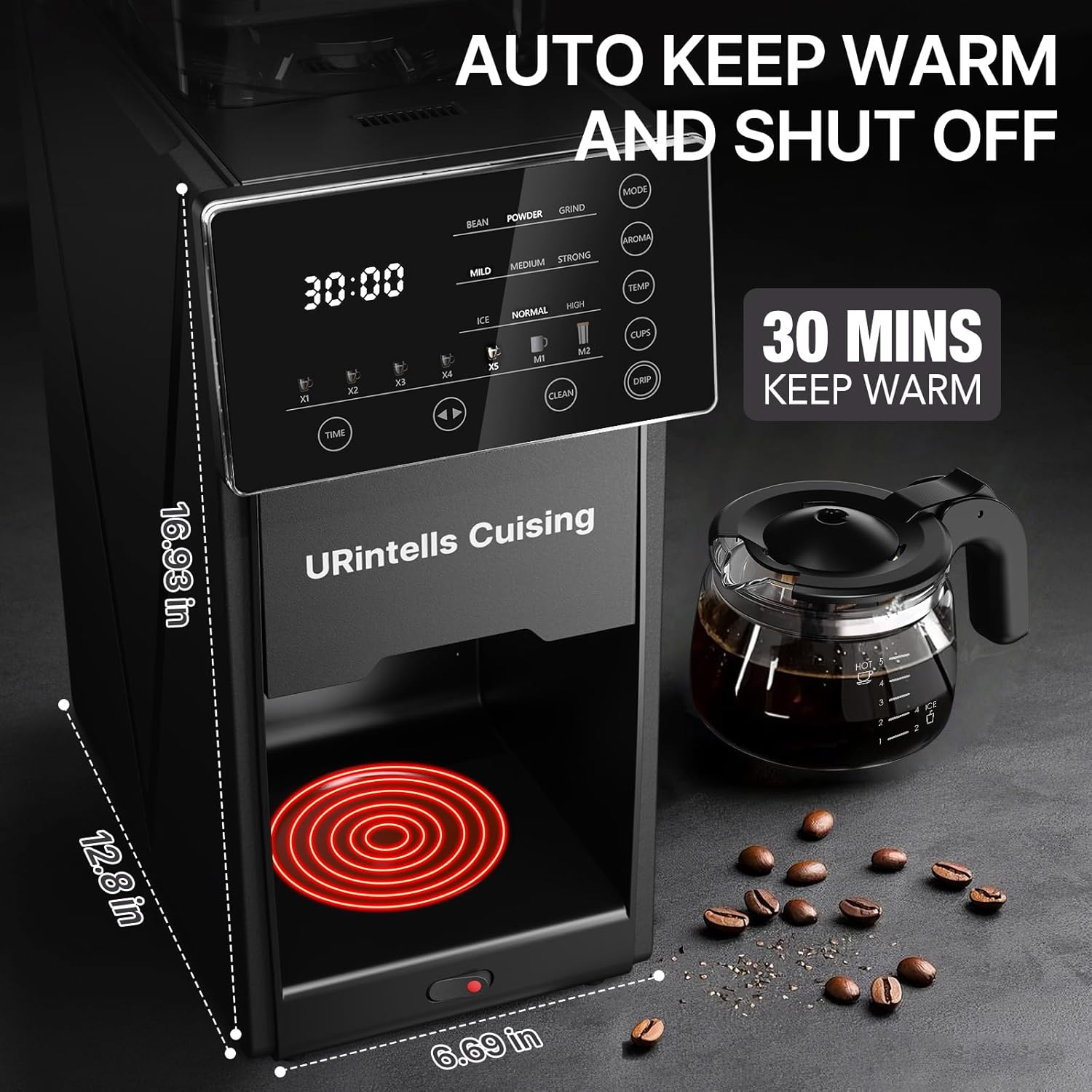 coffee maker with grinder, 22oz drip coffee maker with 5 cup glass carafe and removable filter, programmable hot and cold bean to cup coffee machine with timer, auto shut off