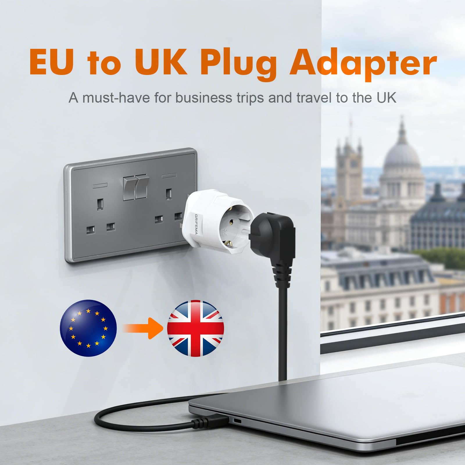 GRIFEMA Adapter z wtyczką angielską z bezpiecznikiem 13A, adapter podróżny z Francji na UK typ G dla Londynu, Anglii, Irlandii, Dubaju, 2-pinowy konwerter z Europy na 3-pinowy UK, zestaw 2 szt