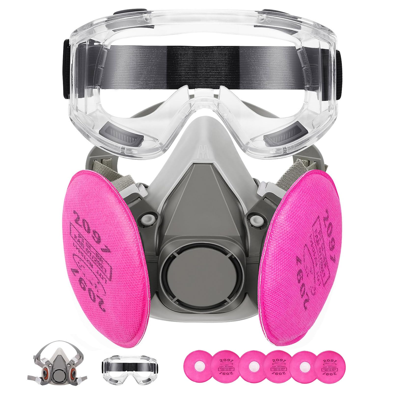 Respirador reutilizable de media pieza con anteojos de seguridad y filtros,utilizada para pintura, polvo, soldadura, corte de metal y otra protección de trabajo - 6200+2091