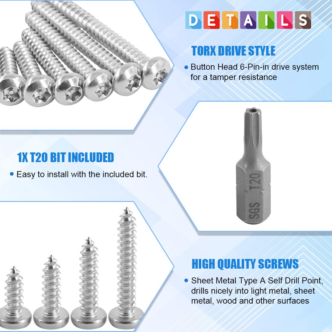 Glarks 211Pcs #8 x 1/2'' / 5/8'' / 3/4'' / 1" / 1-1/4'' / 1-1/2'' Button Head Torx Security Sheet Metal Screws Assortment Set, 6 Size Stainless Steel Tamper Resistant Screws with T20 Bit - Image 4