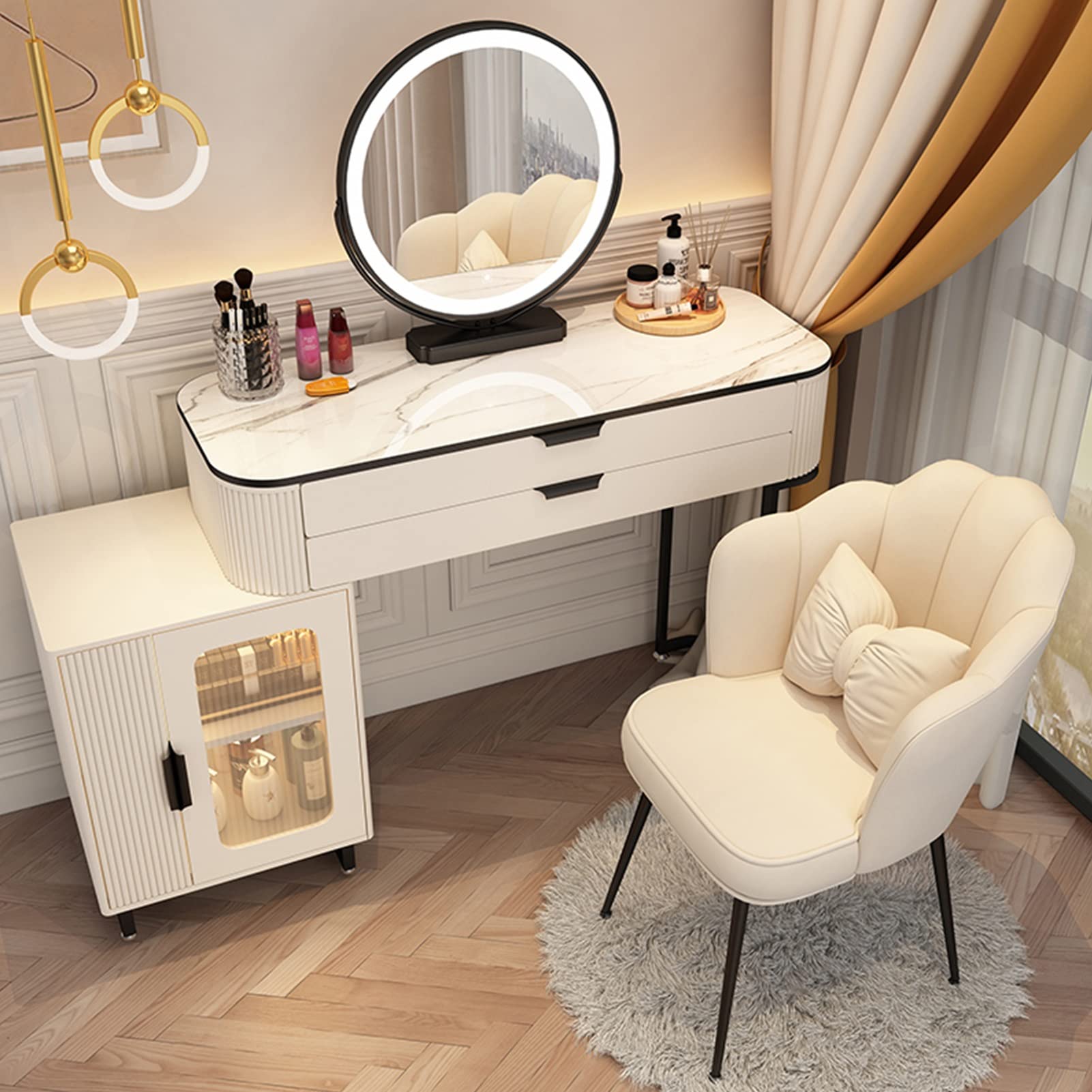 asdchZen Led Makeup Vanity Set With Adjustable Mirror, 3-Color Lighting Dressing Table & Stool, White & Black Bedroom Furniture, 120Cm/47.2In Makeup Desk With Nightstand,White+black B-120cm/47.2in