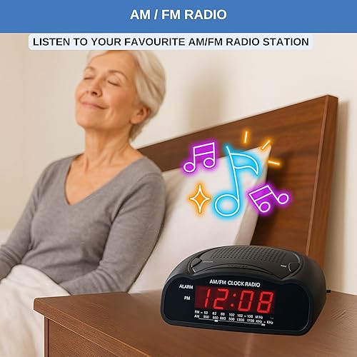 Miniatura 4 de Reloj despertador digital  Radio reloj AMFM con pantalla LED roja, alarma fuerte para personas que duermen mucho  Reloj de escritorio o de noche
