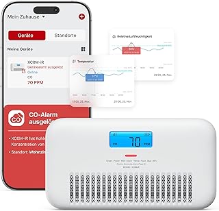 X-Sense WLAN-Kohlenmonoxid Melder mit Sprachalarm, Temperatur- & Feuchtigkeitsanzeige, CO Melder mit austauschbarer Batterie, digitalem Display und CO-Spitzenwert-Verlauf, XC0M-iR, 1 Stück