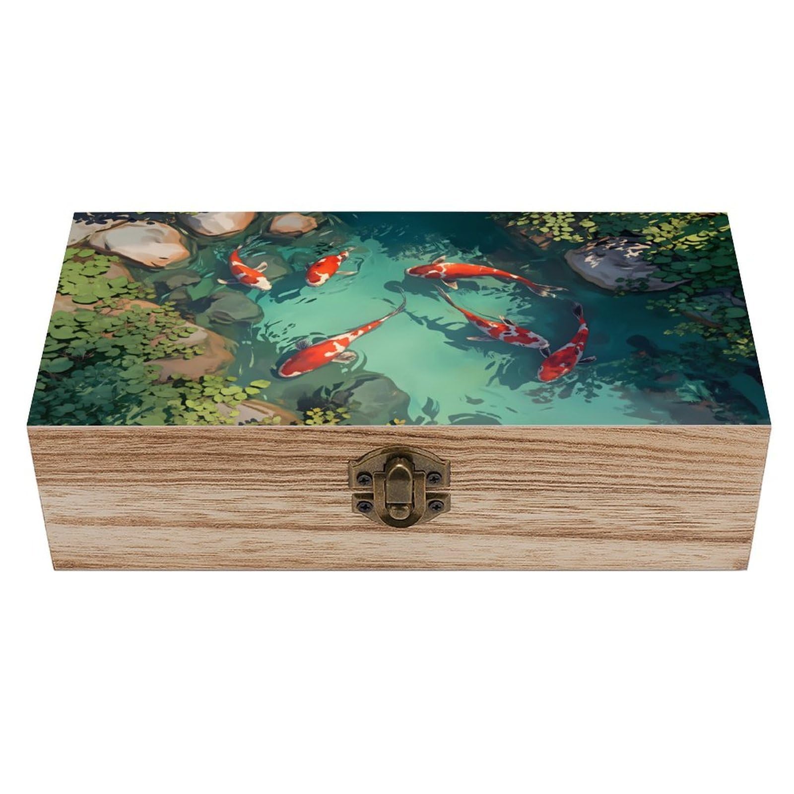 SMAZDFXX Koi Fish Wooden Keepsake Box Vintage Solid Wood with Hinged Lid 7.9"×3.7"×2.3" Metal Latch Rustic Home Decor for Jewelry Photos And Trinkets