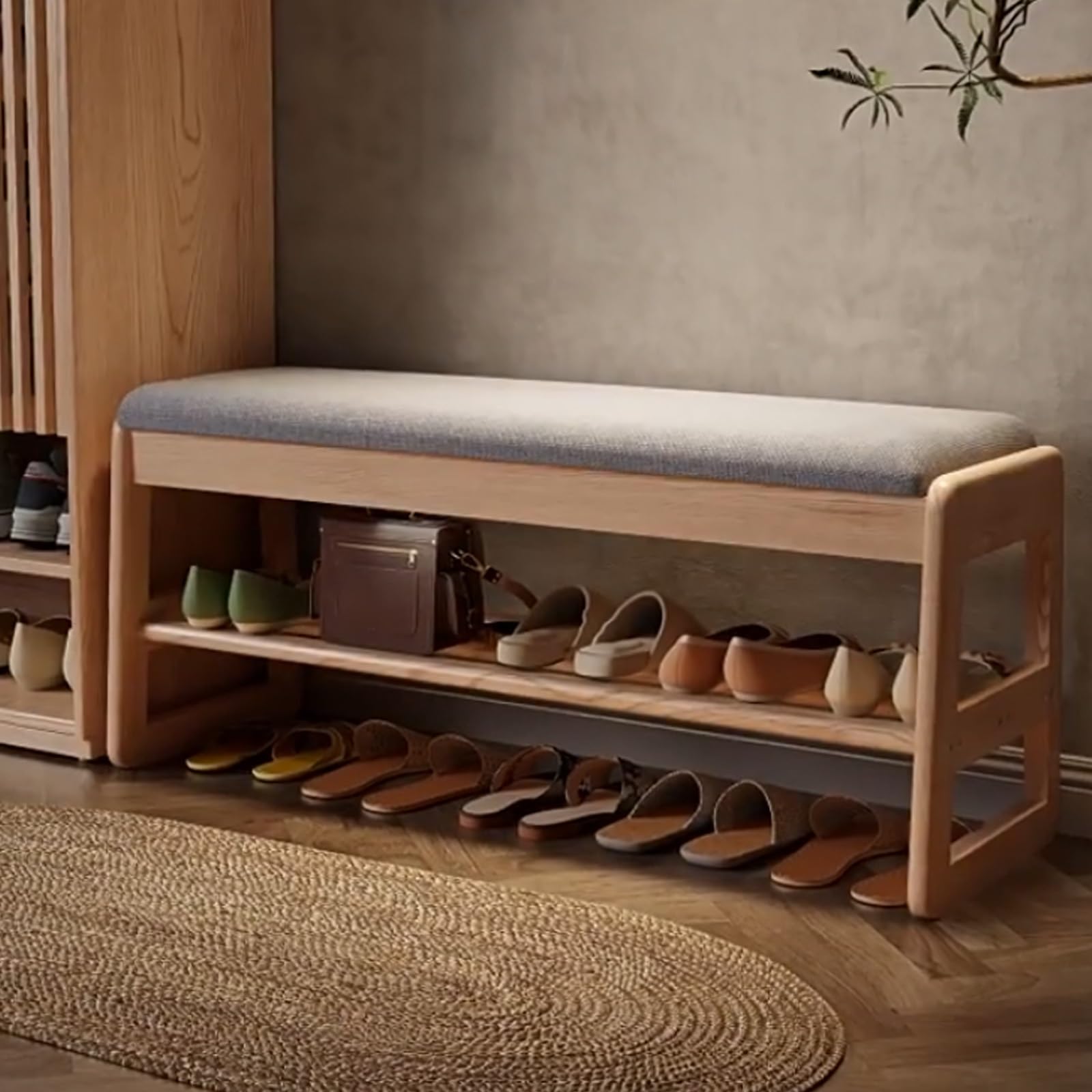 Banc à chaussures en bois massif naturel meuble de rangement entrée avec coussin