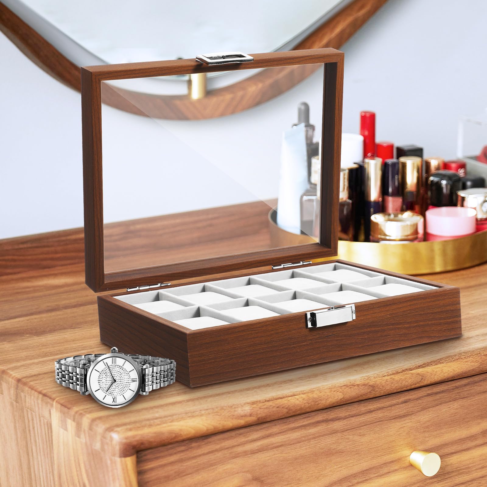DOITOOL Caja Organizadora para Relojes de Madera con 10 Ranuras, Ventana Transparente y Diseño Vintage para Proteger y Exhibir Tus Relojes Fácilmente