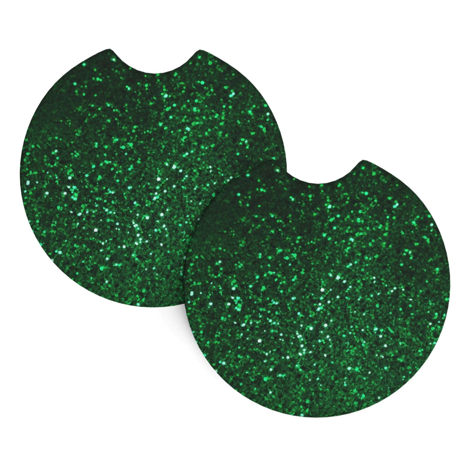 Green Sequin Sparkle Car Coasters for Cup Holders 2 Pack, 2.7 Inch Universal Non-Slip Insert Water Bottle Holder Pads for Women Men Absorbent Drink Cup Coaster with Finger Notch