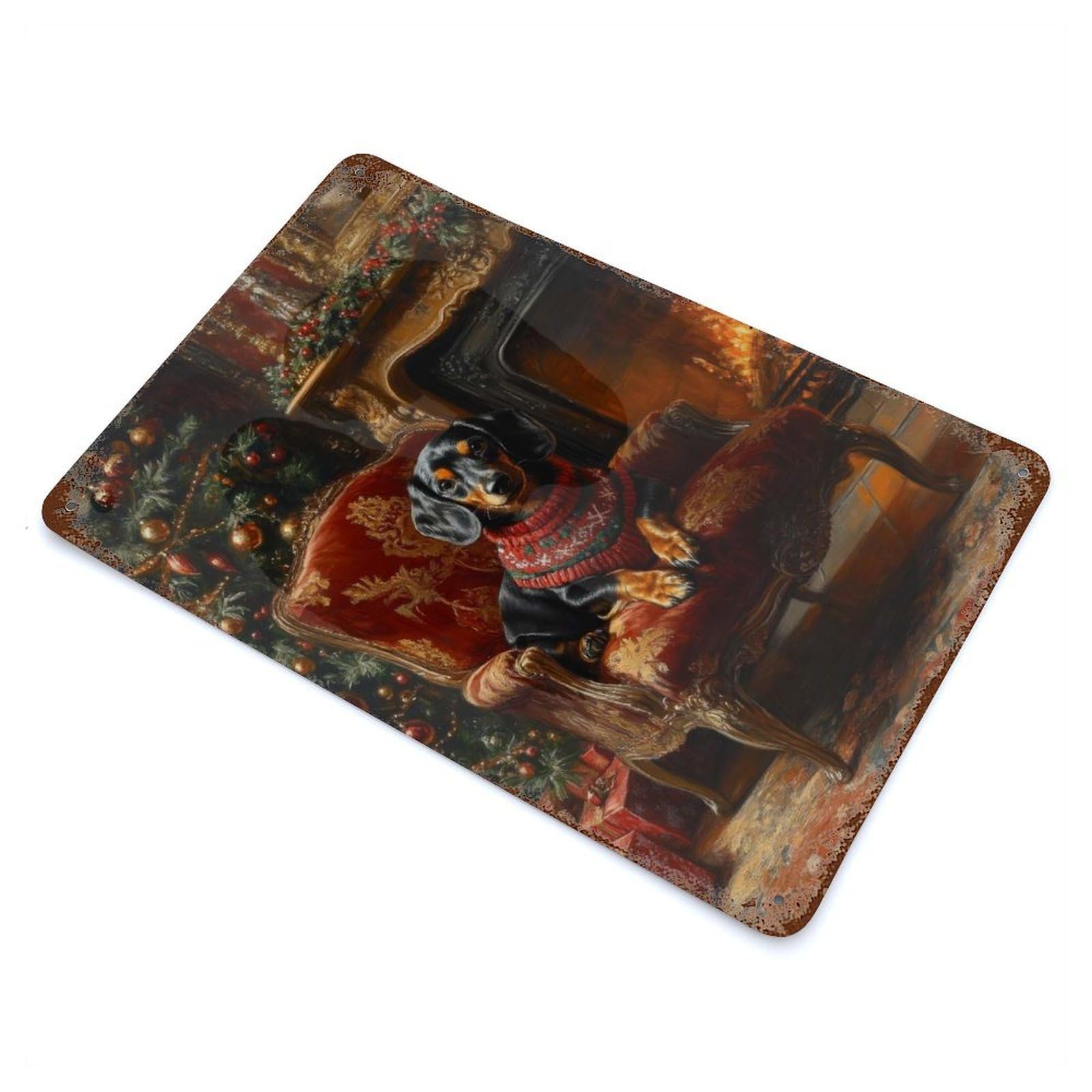 Christmas Dachshund in Armchair by Fireplace 11.8"x7.9" Aged Metal Wall Plaque, Retro Wall Decor for Farmhouse, Kitchen And Entryway Decor