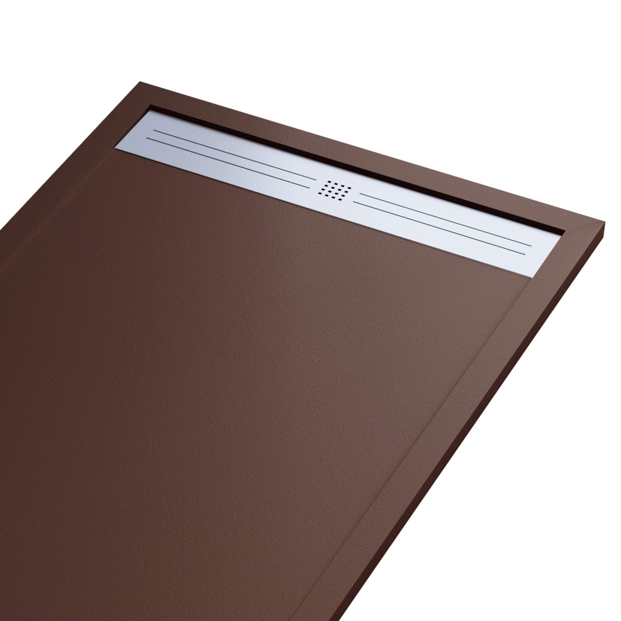 Piatto Doccia Mineralmarmo Effetto Pietra Ardesia - Modello Moon - Marmo Resina con Gelcoat - Griglia Laterale in Acciaio Inox - Colore Marrone - 70x140