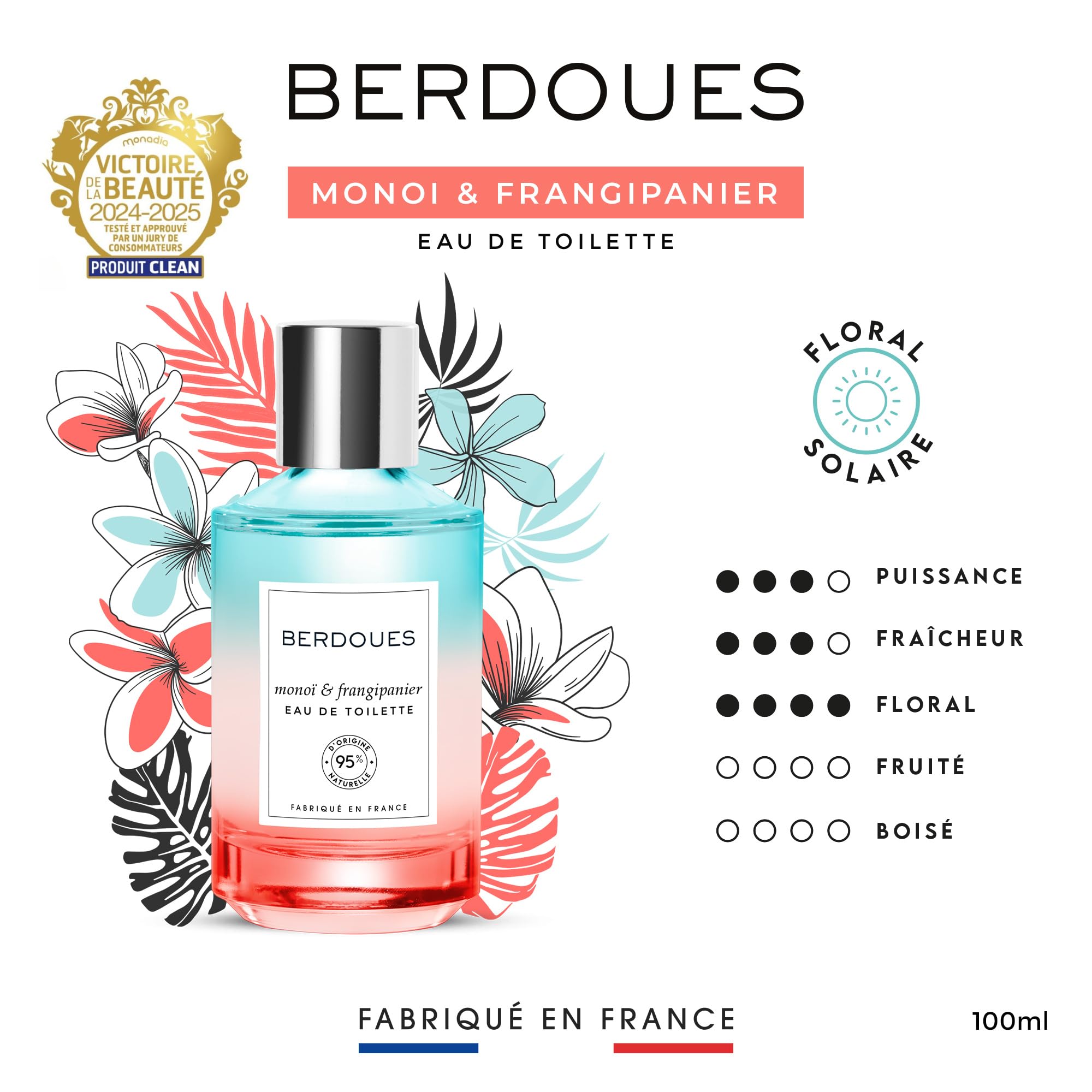 BERDOUES - Eau de Toilette Monoï & Frangipanier + Eau de toilette Monoï & Coco, Lot Solaire et Exotique, Parfum femme, Vegan, Made in France, flacon 2x100ml
