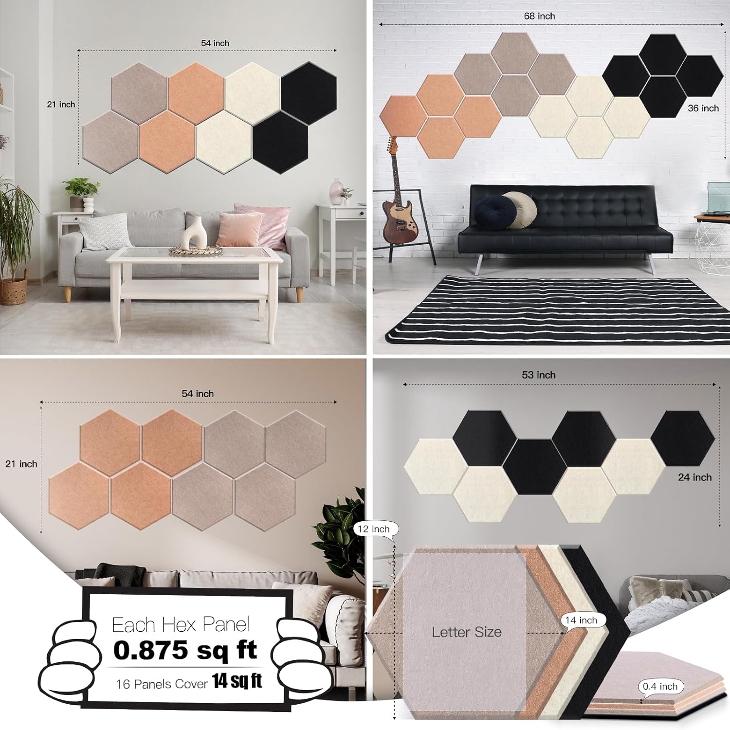 Mollywell Hexagon Acoustic Panels 14x12 - Reduce Echo & Reverb, Noise Blocking Wall Tiles for Living Room & Bedroom, Deep Camel, Deep Brown, Black, Beige Sound Absorbing Panels