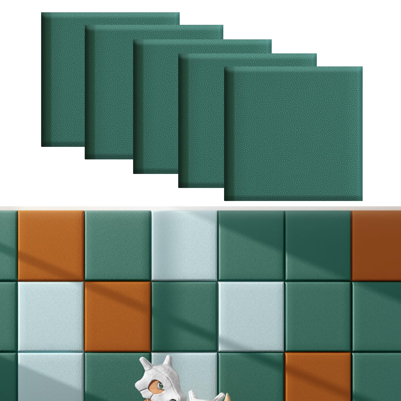 Tokenhigh 4Pcs Anti-Collision Wall Padding, 35x35cm Self Adhesive Headboard Panels, Shockproof Padded Wall Panel, Peel and Stick Wall Cushion Protection for Nursery Bedroom Playroom (Dark Green)