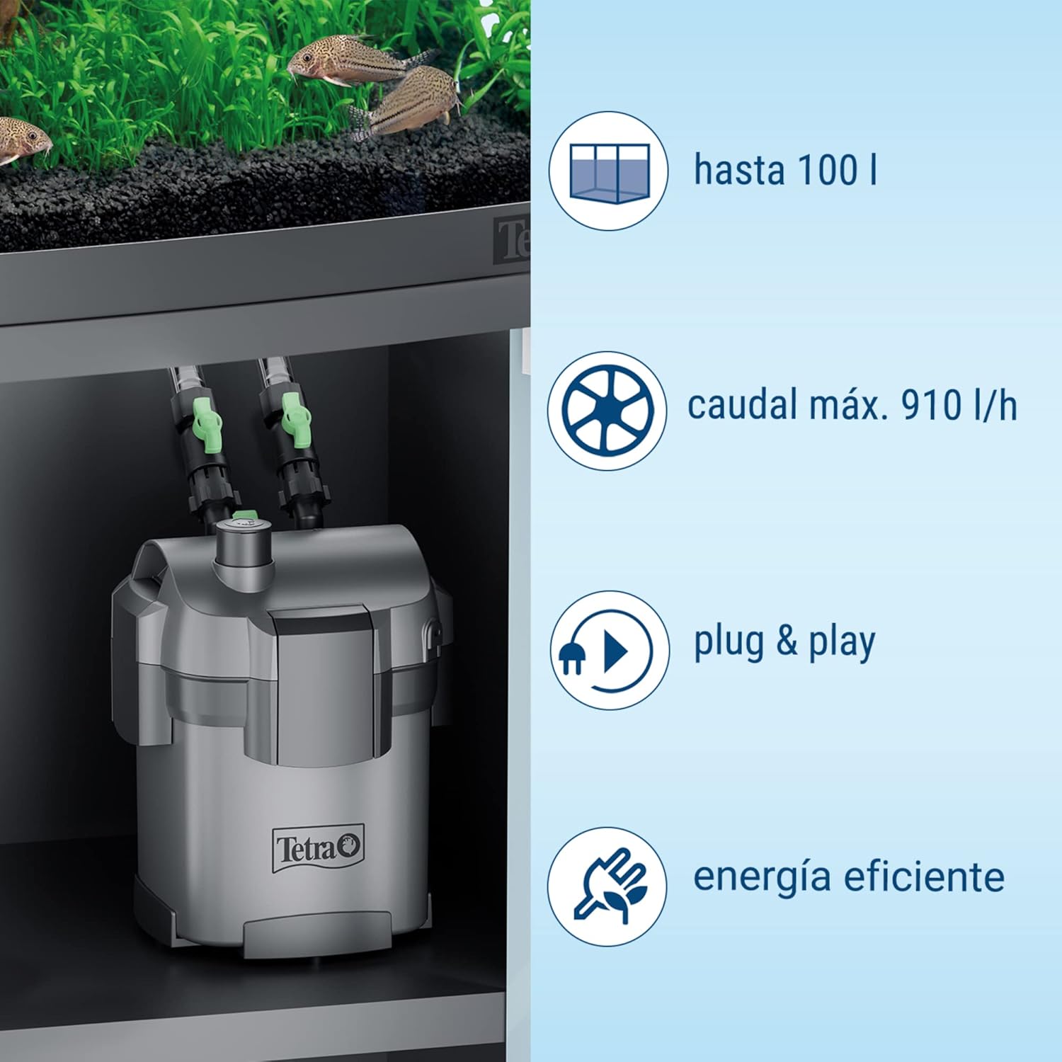 Tetra EX 500 Plus filter installed in an aquarium cabinet