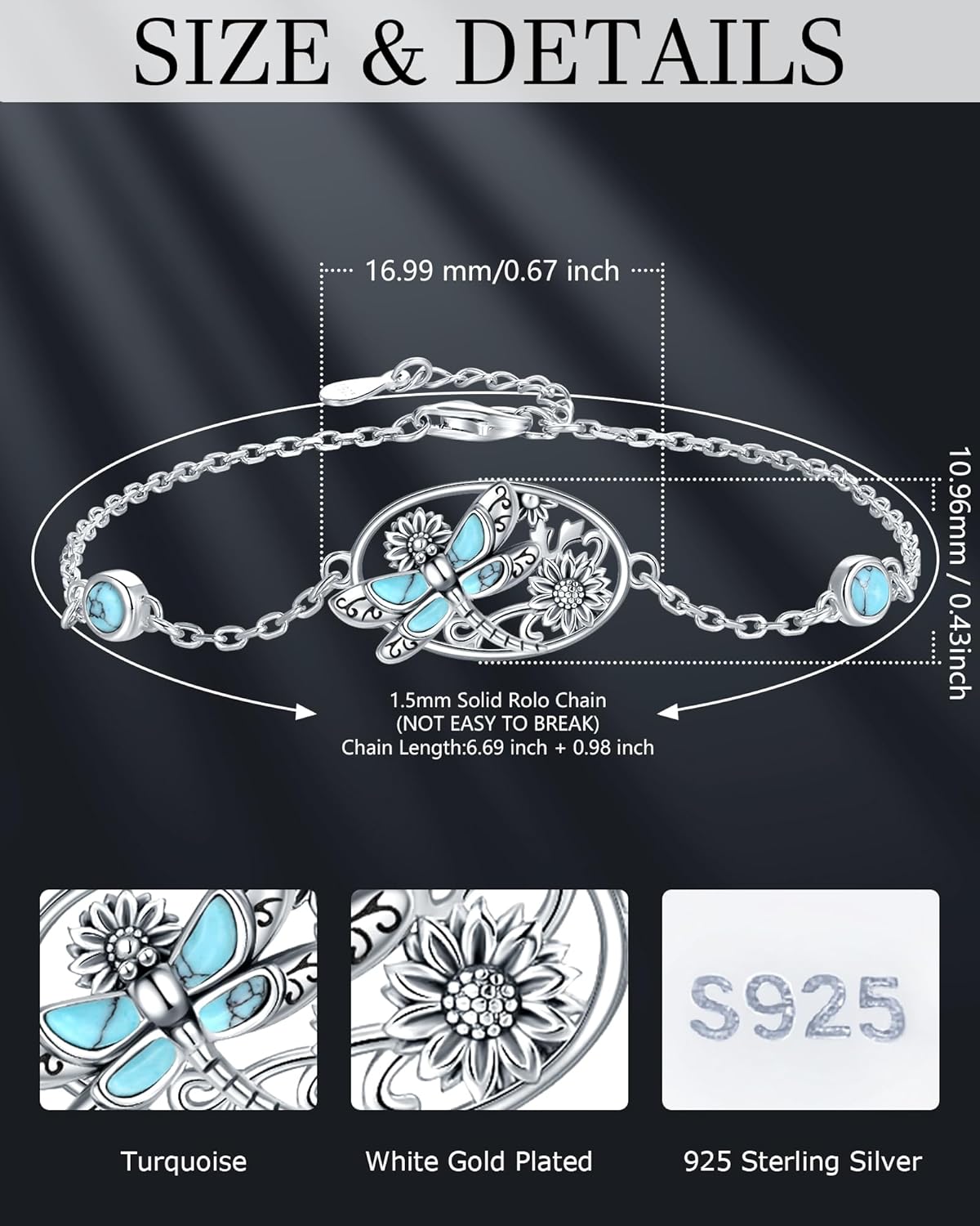 S925-Sterling-Silver Turquoise Dragonfly Sunflower/Hummingbird/Cross/Anchor Bracelet - Vintage Bohemian Bracelets Victorian Style Jewelry Christmas Birthday Gifts for Women - Image 6
