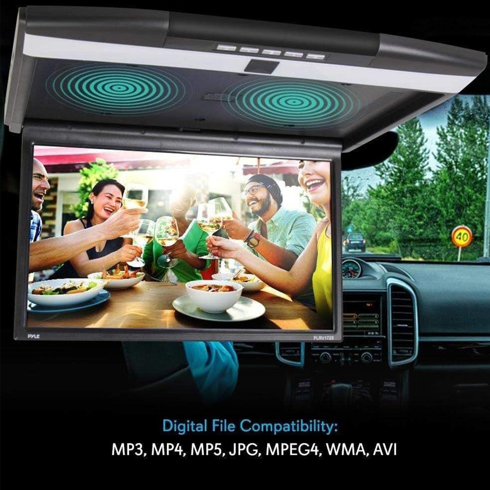 Monitor abatible de 17,3 pulgadas y 1080P para techo de coche, reproductor de techo para coche, TV con puerto HDMI, USB, SD, IR, FM, pantalla TFT digital ultrafina de 16:9.,Black