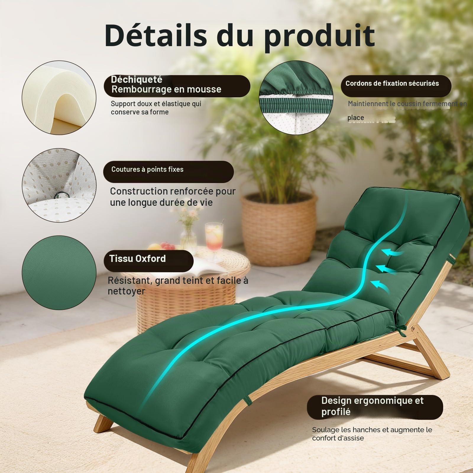 Coussin de Chaise Longue 200x55x8 cm, Coussin de Jardin Hydrofuge Mise en Place Facile – Assise Rembourrée en Mousse déchiquetée pour Transat Extérieur, Résistant UV