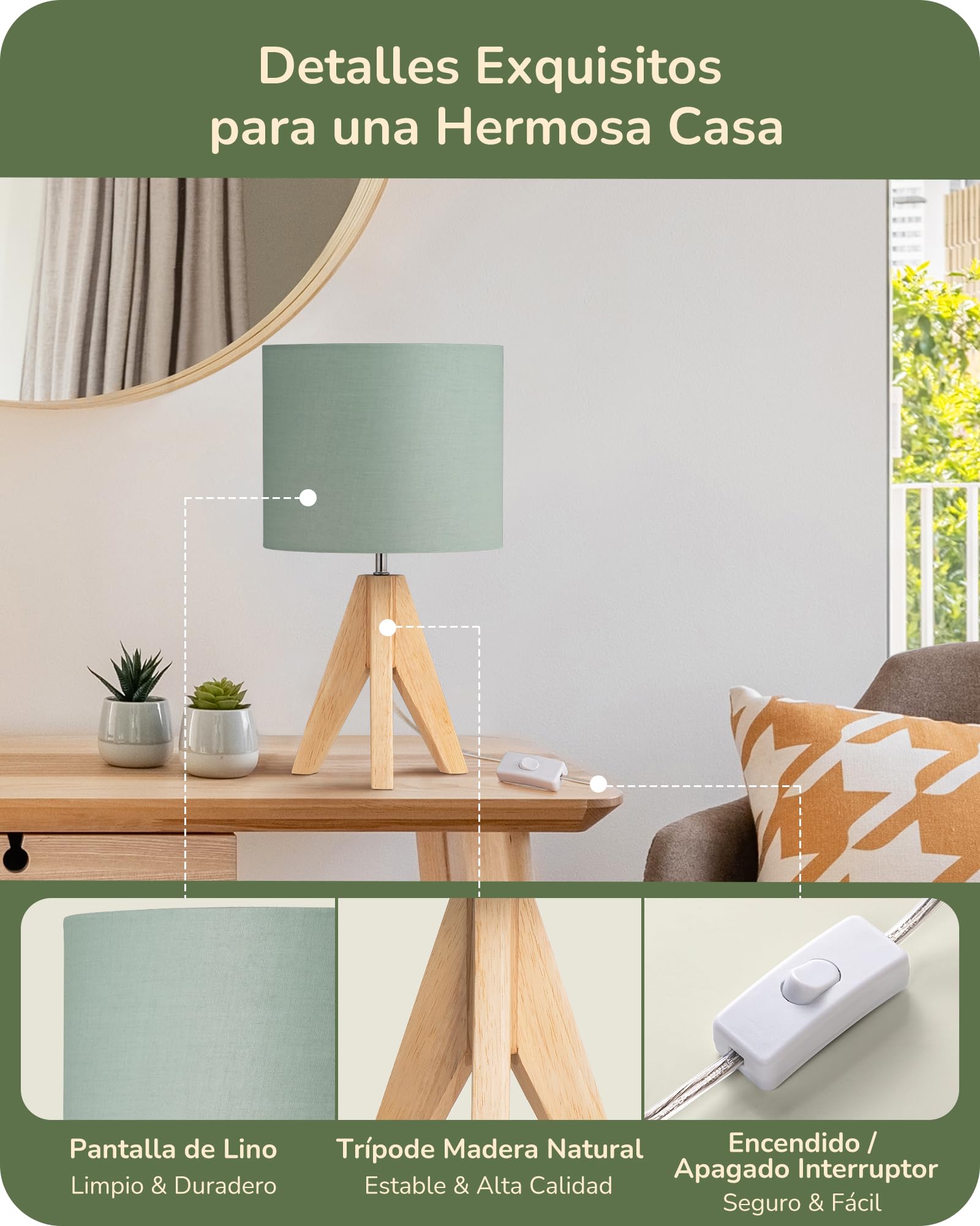 EDISHINE Lámpara de Mesa LED, Pantalla de Lino y Base de Madera, Set de 2 Lámpara de Mesa Moderna, Luz Blanca Cálida 2700K, Lámpara de Mesita E27 para Dormitorio y salón, Bombilla LED 4W Incluida
